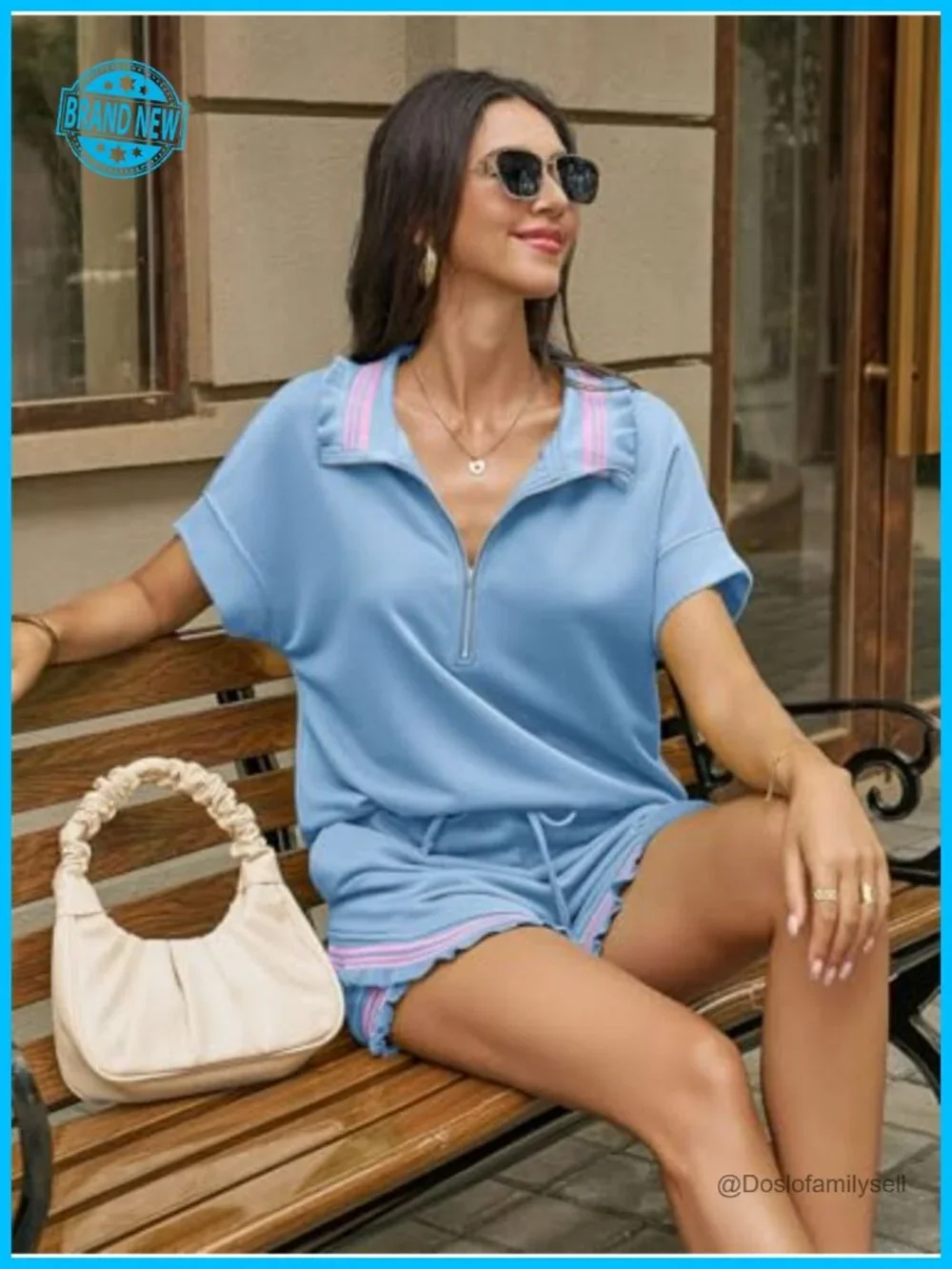 Women's 2 Piece Short Set Lounge Tracksuit Half Zip Ruffle Top Matching Set